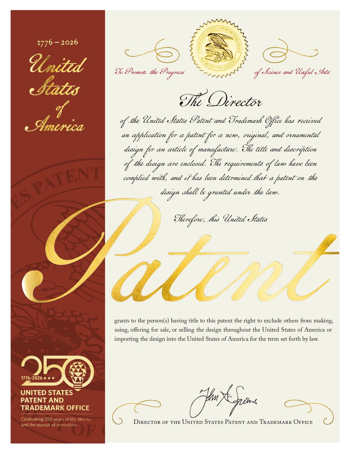 Beer Rubbers design patent certificate