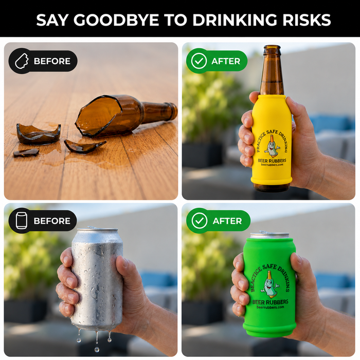 Say goodbye to drinking risks: before and after using Beer Rubbers on a bottle and a can